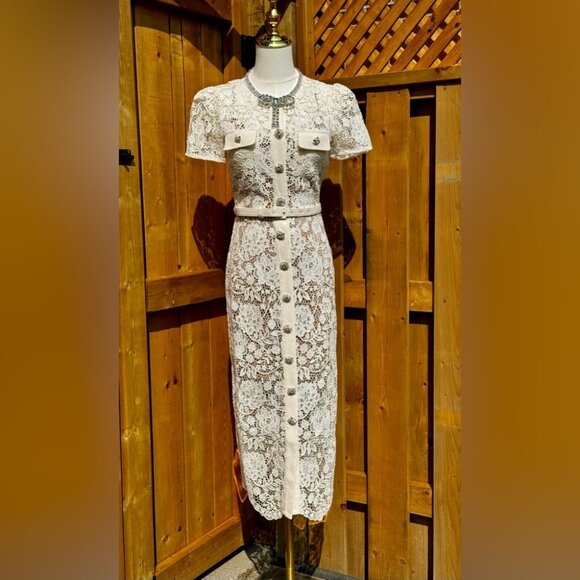 🆕 SELF-PORTRAIT 🧿 BNWOT Cream Lace Diamante Bow Midi Dress, Sz US 2 / UK 6 - Picture 3 of 16